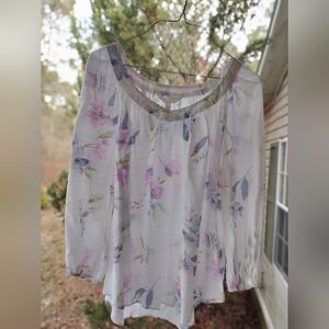 LC Lauren Conrad White Sheer Floral Blouse with Pastel Accents